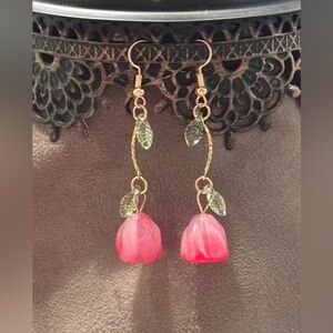 Pink Tulip Drop Earrings w/ delicate green leaves, gold tone French Wire Hooks